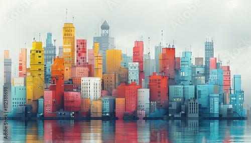 A digital art piece showing a cityscape with buildings in the form of demographic icons like age pyramids
