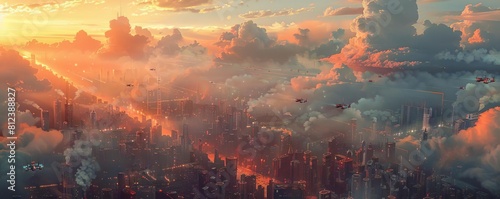 A digital art piece showing a futuristic city where drones create artificial clouds to combat air pollution photo