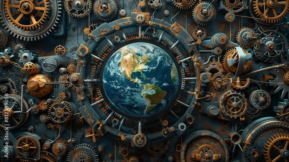 A digital art piece showing Earth suspended in a network of gears, each continent linked by mechanical parts A digital art piece showing Earth suspended in a network of gears, each continent linked by mechanical parts