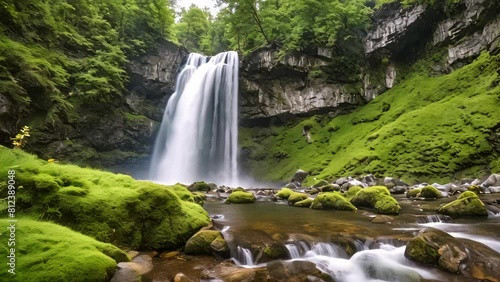 Waterfall in the mountains. Timeslapse 4k video animation background photo