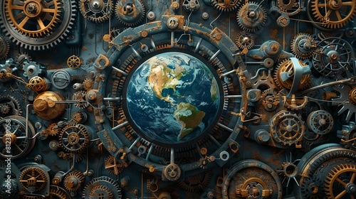 A digital art piece showing Earth suspended in a network of gears  each continent linked by mechanical parts