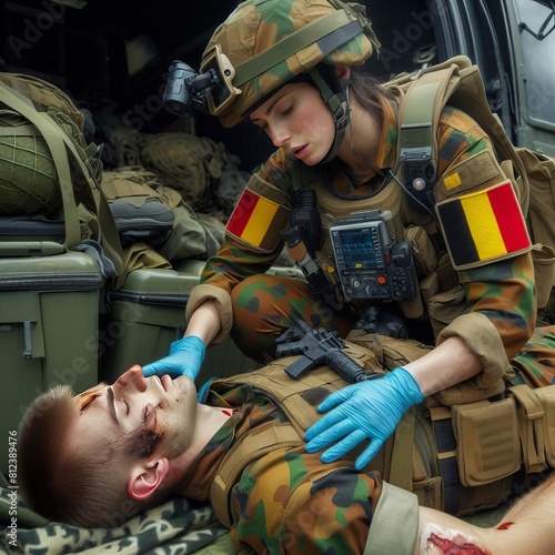 Belgian landcomponent female medic administering first aid to wo photo