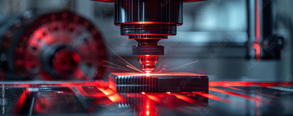 Ruby red laser precision tools in a manufacturing process, front view ...