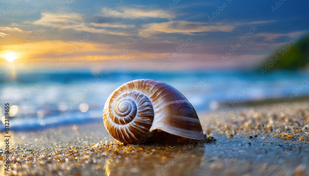 Sea snail on tropical beach with blue-white lighting, symbolizing tranquility and natural beauty Sea snail on tropical beach with blue-white lighting, symbolizing tranquility and natural beauty