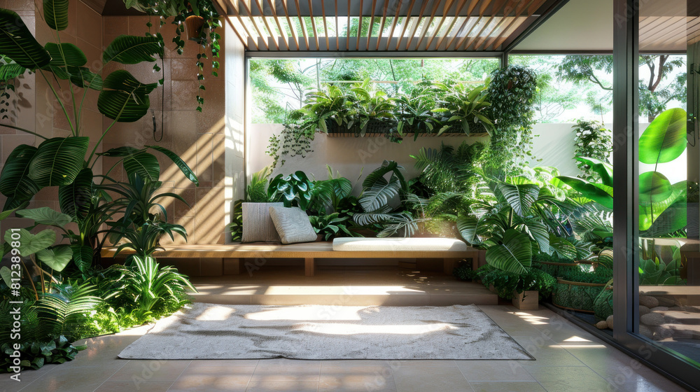 Indoor Garden Oasis with Seating Area. A relaxing indoor garden oasis featuring a comfortable bench surrounded by a variety of green plants and natural light. Biophilic Design concept. Indoor Garden Oasis with Seating Area. A relaxing indoor garden oasis featuring a comfortable bench surrounded by a variety of green plants and natural light. Biophilic Design concept.
