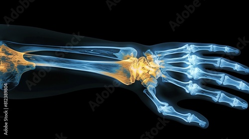 An X-ray blue of a hand with the wrist joint highlighted in yellow , show joint between arm and handMRI scan of a human arm joint, showing the bones and ligaments. 