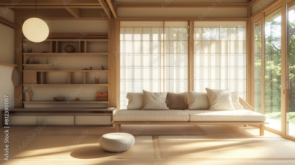 Fototapeta premium Japan Style Living Room. Minimalist Interior With Sofa, Shelves and Natural Light.