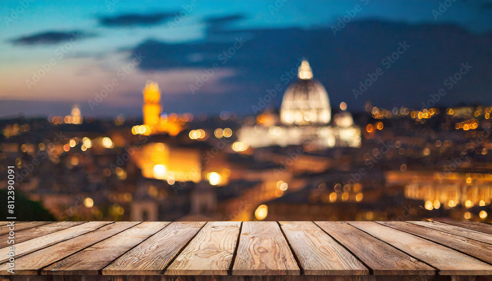 Empty wooden table against blurred night view of Rome for product display Empty wooden table against blurred night view of Rome for product display