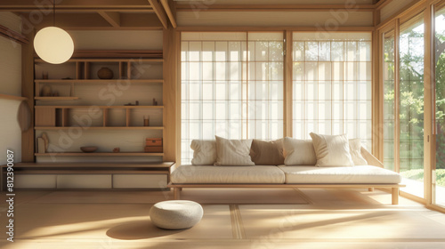 Japan Style Living Room. Minimalist Interior With Sofa  Shelves and Natural Light.