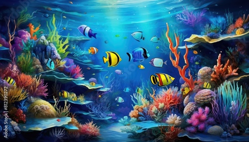 Tropical fish in the underwater, coral reef, amazing underwater life, various fish and exotic coral reefs, ocean wild creatures background