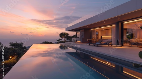 A  large modern house with a pool and a view of the ocean. © Awais