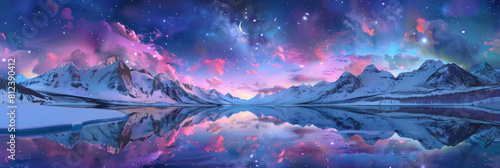 Magical Winter Scene Panorama. Snow-Covered Mountains Reflected in a Calm Lake under a Starry Sky with a Crescent Moon and Colorful Clouds Fantasy Art/Illustration.