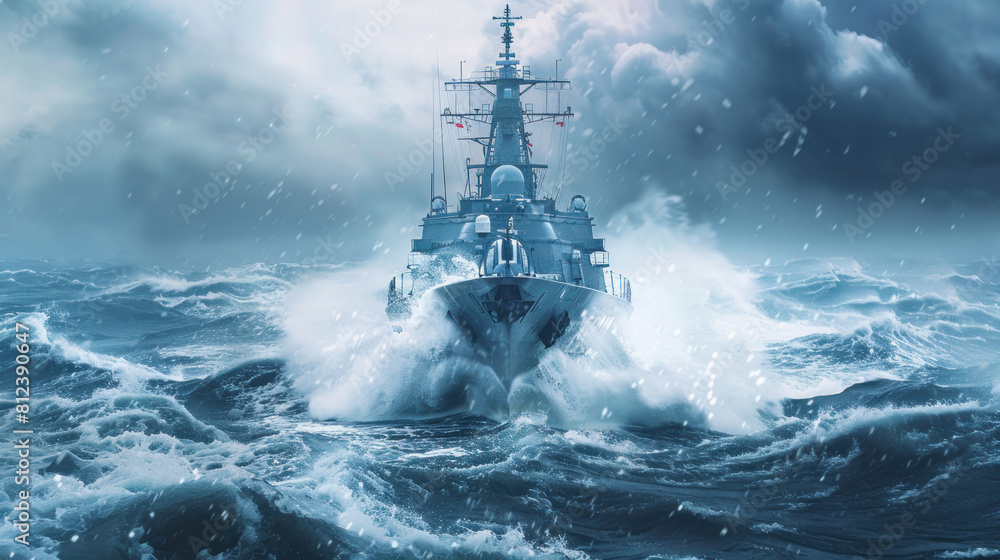 Obraz premium Modern Navy Destroyer on Patrol. Military Defense and Security Concept. Naval Vessel Navigating Rough Seas.