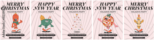 Merry Christmas and Happy New year party invitation set. Playful and cheeky character in trendy groovy style. Retro elements and shapes. Vector illustration