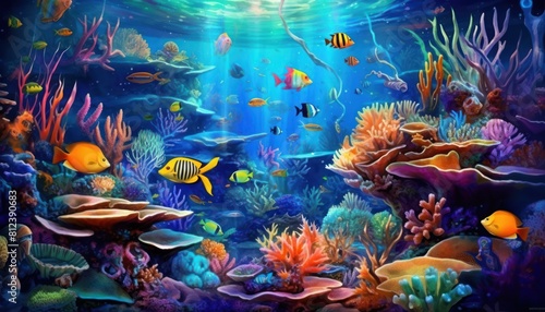 Tropical fish in the underwater  coral reef  amazing underwater life  various fish and exotic coral reefs  ocean wild creatures background