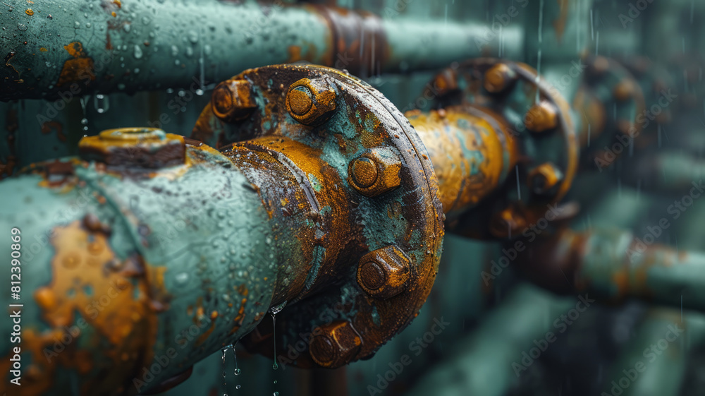 a horizontal view of a system of rusty leaky old pipes,generative ai a horizontal view of a system of rusty leaky old pipes,generative ai
