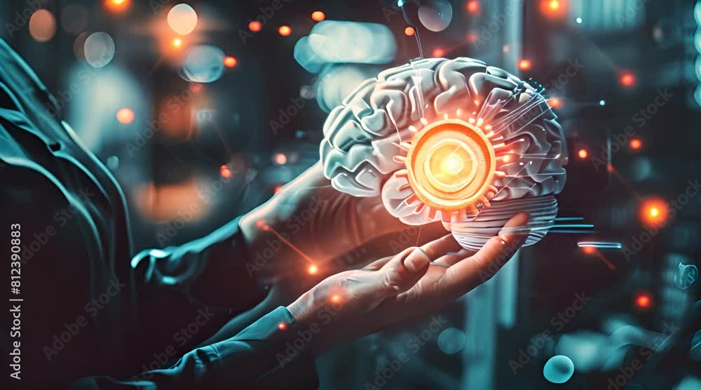 hand holding digital brain on dark background hand holding digital brain on dark background