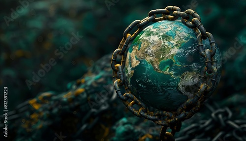 A dramatic image of Earth wrapped in chains and locks, representing the overexploitation of natural resources
