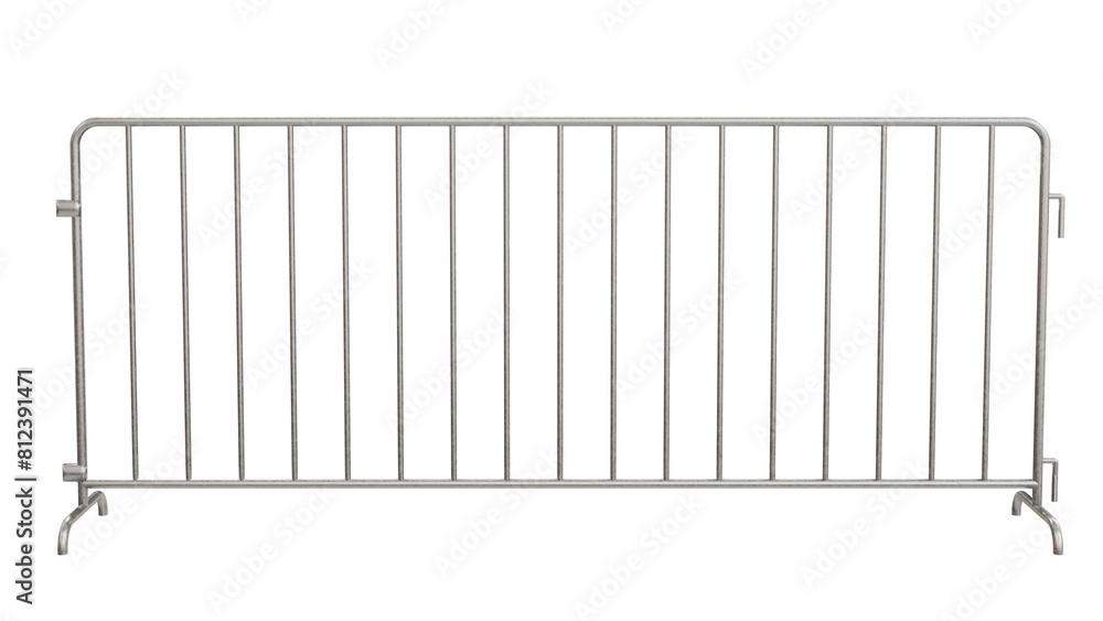 3D illustration features a lightweight, pre-galvanized steel barricade with bridge feet (no background). Ideal for highlighting the portability and ease of use of this temporary safety barrier.