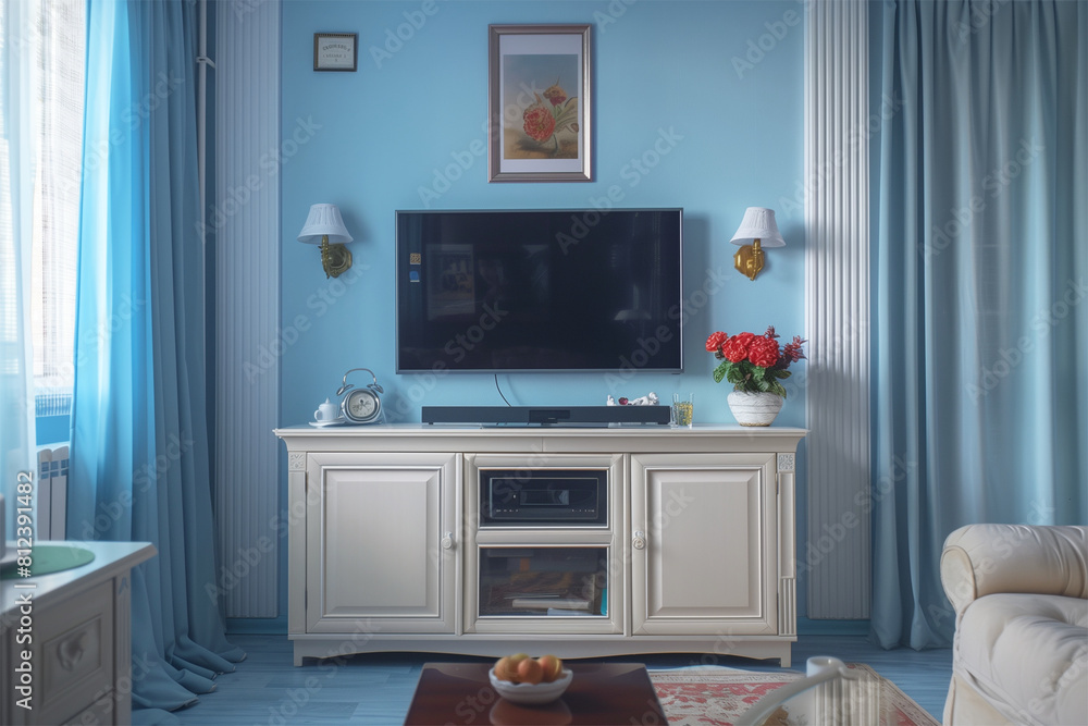 An AI generative image of simple decoration of family hall during daytime with baby blue wall. An AI generative image of simple decoration of family hall during daytime with baby blue wall.