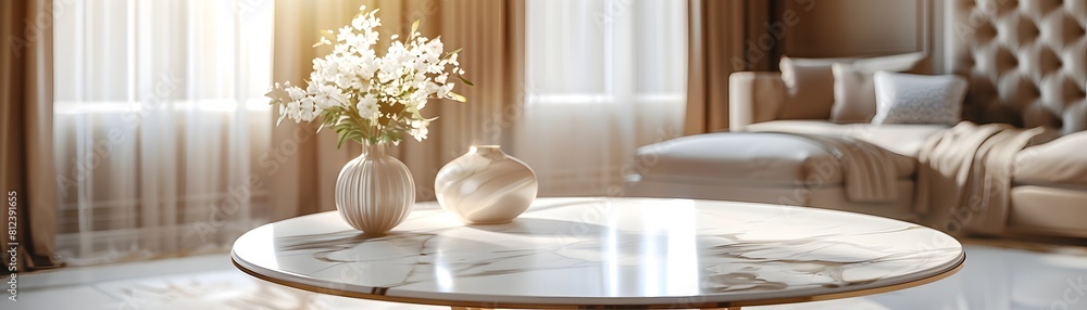 Elegant marble table with floral arrangement set against a blurred bedroom backdrop ideal for high end product montages with ample copy space Elegant marble table with floral arrangement set against a blurred bedroom backdrop ideal for high end product montages with ample copy space
