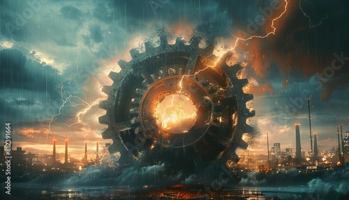 A dramatic scene capturing the moment a large industrial gear is hit by lightning