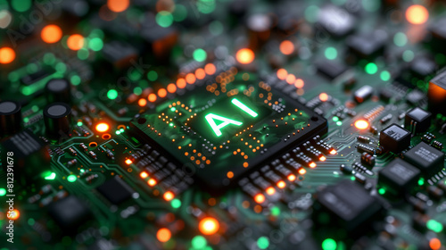 Close up of AI chip on circuit board, illuminated lights; technology, innovation, futuristic atmosphere.