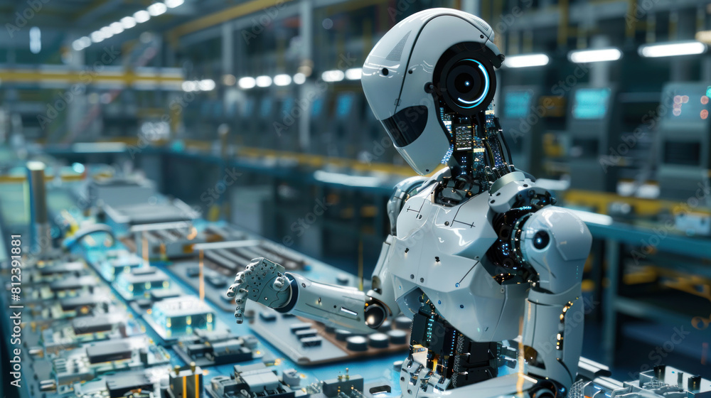 Robot, a meticulous electrical engineer Demonstrates expertise in assembling parts in a realistic electronics factory. Robot, a meticulous electrical engineer Demonstrates expertise in assembling parts in a realistic electronics factory.