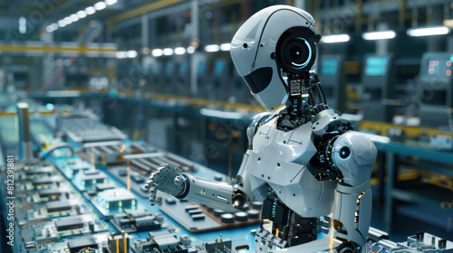 Robot, a meticulous electrical engineer Demonstrates expertise in assembling parts in a realistic electronics factory.