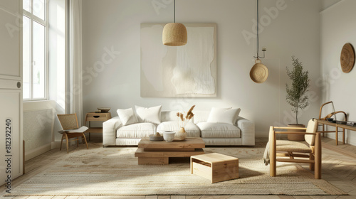 Scandinavian-Inspired Home Decor. Trend Concept. Bright and airy living room embodies Scandinavian design principles with its focus on functionality, simplicity, and natural elements.