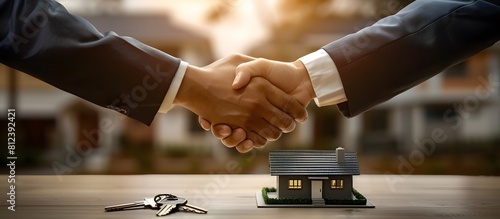 Real estate agent and customer shaking hands over house model keys and contract on table, Two businessmen are handshaking for a franchise deal.