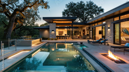 Stunning Backyard Oasis with Pool, Patio, and Modern Home at Dusk. Elegant Outdoor Living Area with Pool, Fire Pit, and Dining Space. © Santy Hong