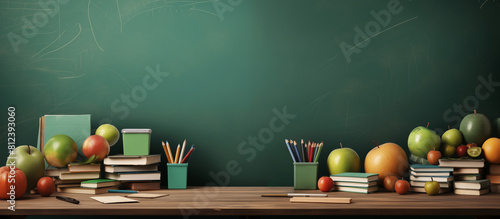 school supplies on green chalkboard background with copy space 