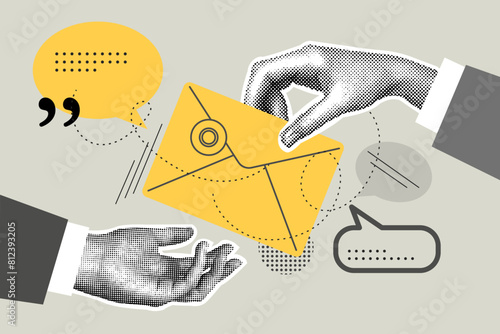Trendy halftone business concept collage. Illustration of email marketing, mailing list, contacts. Trendy modern retro illustration. Vector illustration of business, contract approval, finance, market