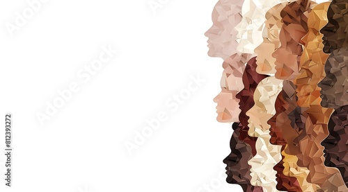 Illustration of many diverse faces made from crumpled paper, copy space, diversity and strength in unity concept photo