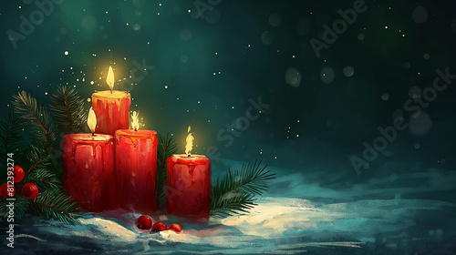 Christmas Banner of candles and xmas ornament, Pine-cones And green Spruce Branches minimal background and lights in the back, with empty copy space photo