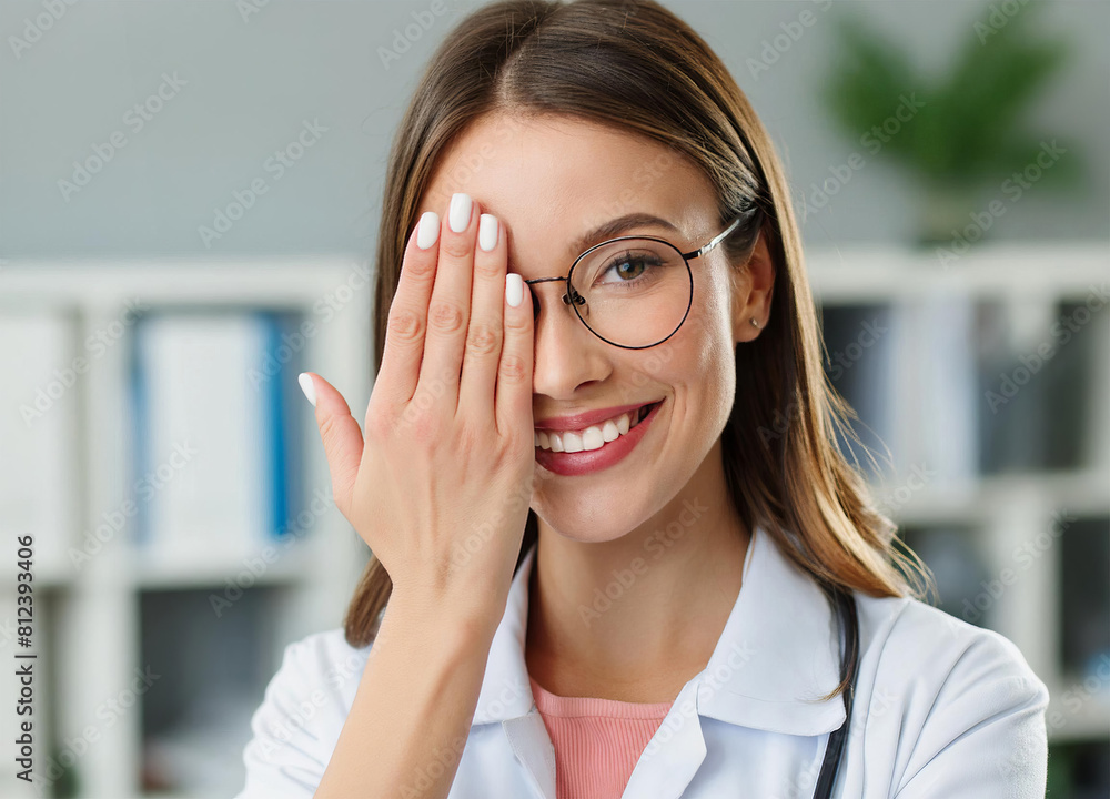 Woman ophthalmologist standing in clinic and covering right eye with hand Woman ophthalmologist standing in clinic and covering right eye with hand