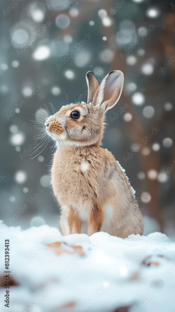 white hare on the snow in the forest in winter, vertical photo white hare on the snow in the forest in winter, vertical photo