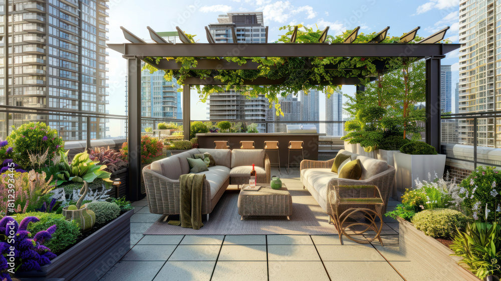 Tranquil Rooftop Terrace with Comfortable Seating, Pergola Shade, and City Garden Escape. Inviting Patio Space for Relaxation and Gatherings with Wicker Furniture, Bar Counter, and Green Accents. Tranquil Rooftop Terrace with Comfortable Seating, Pergola Shade, and City Garden Escape. Inviting Patio Space for Relaxation and Gatherings with Wicker Furniture, Bar Counter, and Green Accents.