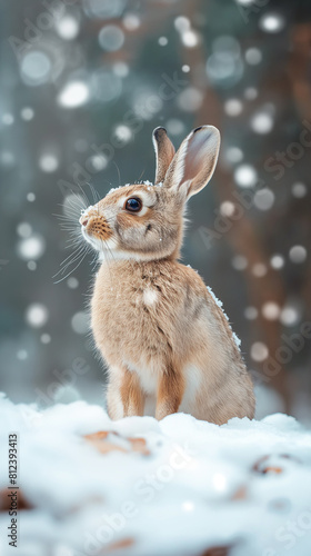 white hare on the snow in the forest in winter, vertical photo