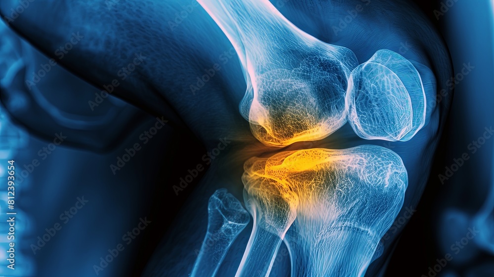 An X-ray blue of a knee with the knee joint highlighted in red ,MRI ...