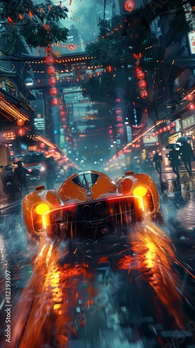 AI-Generated Car with Fiery Wheels Drives through the City
