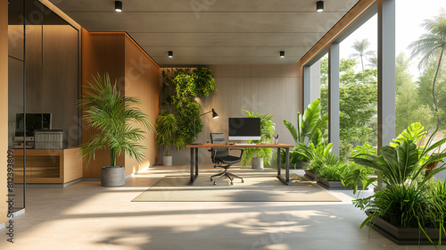  Modern office designed with sustainability in mind  featuring eco-friendly materials  green plants for improved air quality