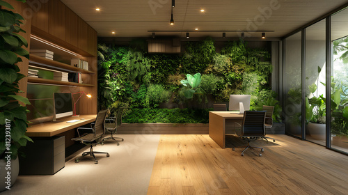 
Modern office designed with sustainability in mind, featuring eco-friendly materials, green plants for improved air quality photo