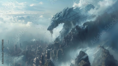 A fantasy artwork of a mythical creature whose breath purifies air, standing atop a mountain overlooking a smoggy city