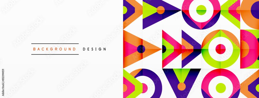 A vibrant geometric pattern with arrows and circles in electric blue, magenta, and various tints and shades. Symmetrical design on a white background