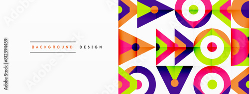 A vibrant geometric pattern with arrows and circles in electric blue, magenta, and various tints and shades. Symmetrical design on a white background