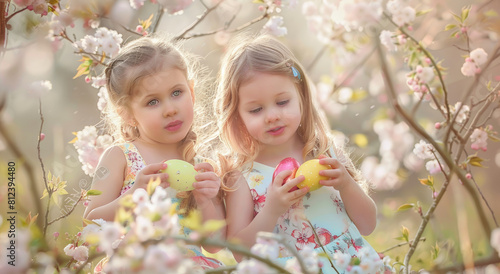 Two cute little girls in colorful dresses play with Easter eggs, surrounded by blooming cherry blossoms and green grass
