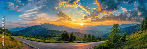 Wide Panoramic View of Majestic Mountains, Winding Road, and Golden Sunset Sky - Epic Nature Panorama. Adventure Travel Destination. --ar 3:1 Job ID: f9823f38-bf0b-44b1-9d4d-9ff371fd697f