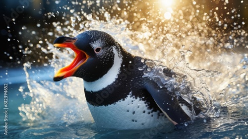 A penguin is swimming in the ocean. The sun is shining and the water is splashing.